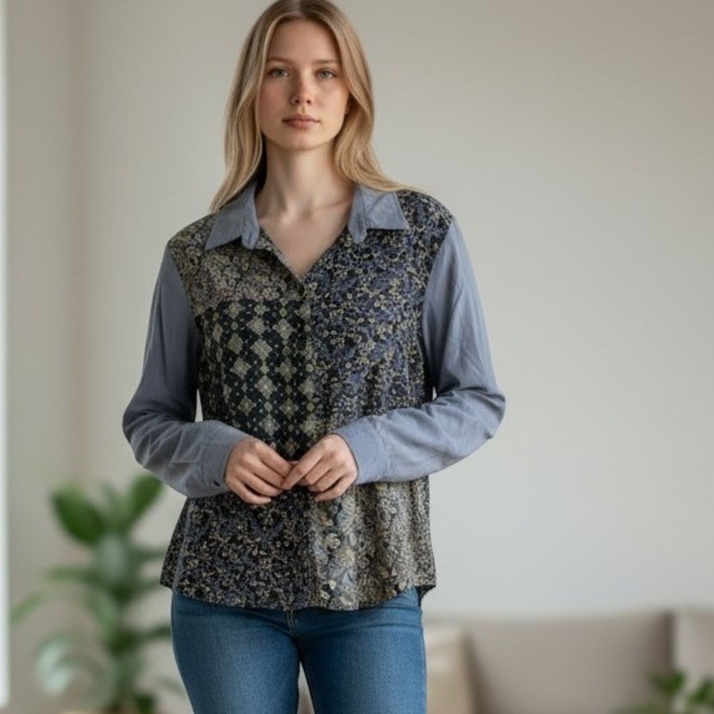 VTG NEXX Silk Blouse Womens Large Blue Patchwork Floral Paisley Long Sleeve Top